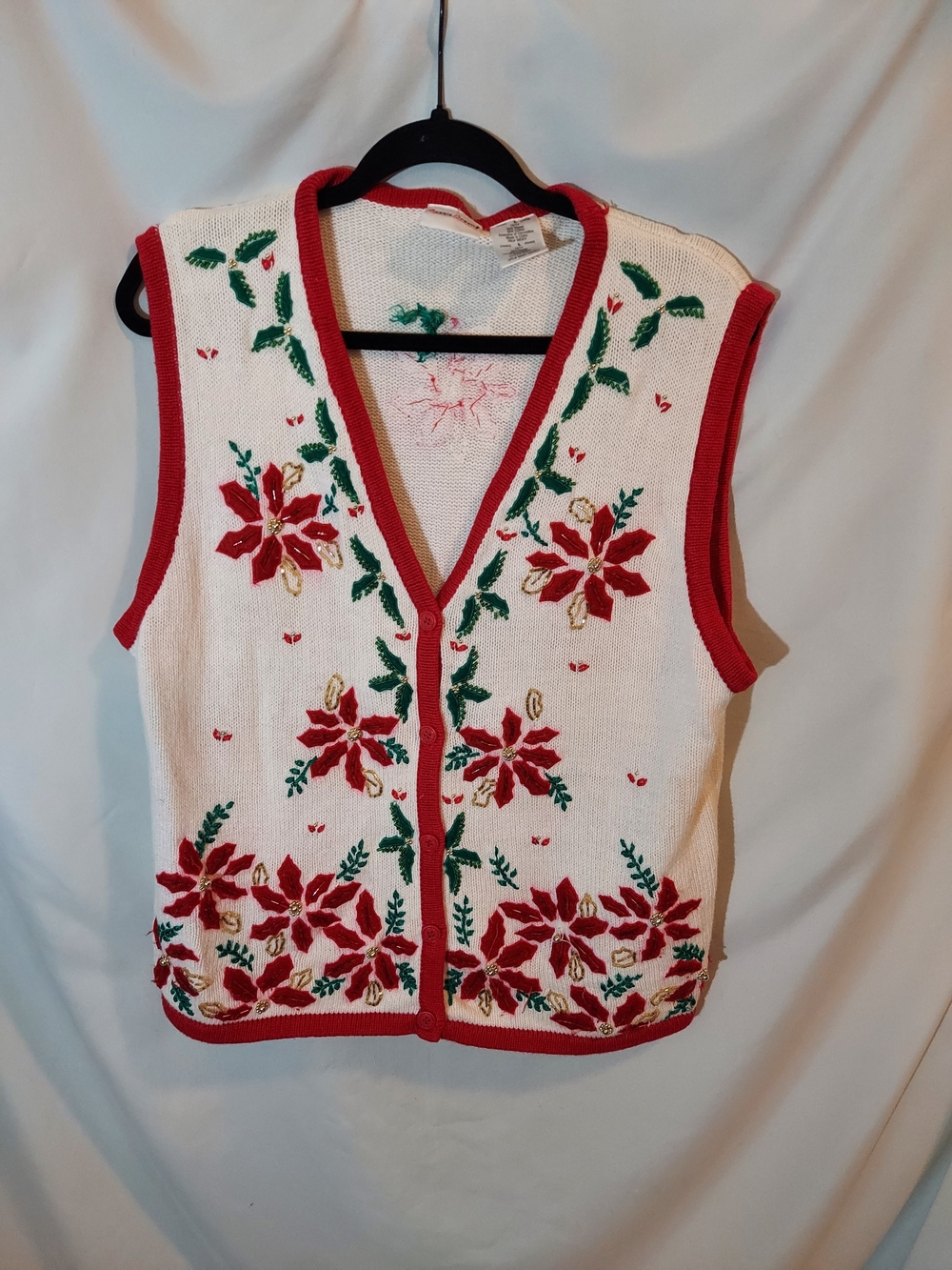 Vintage Bobbie Brooks Beaded Poinsettia Christmas Sweater Vest L